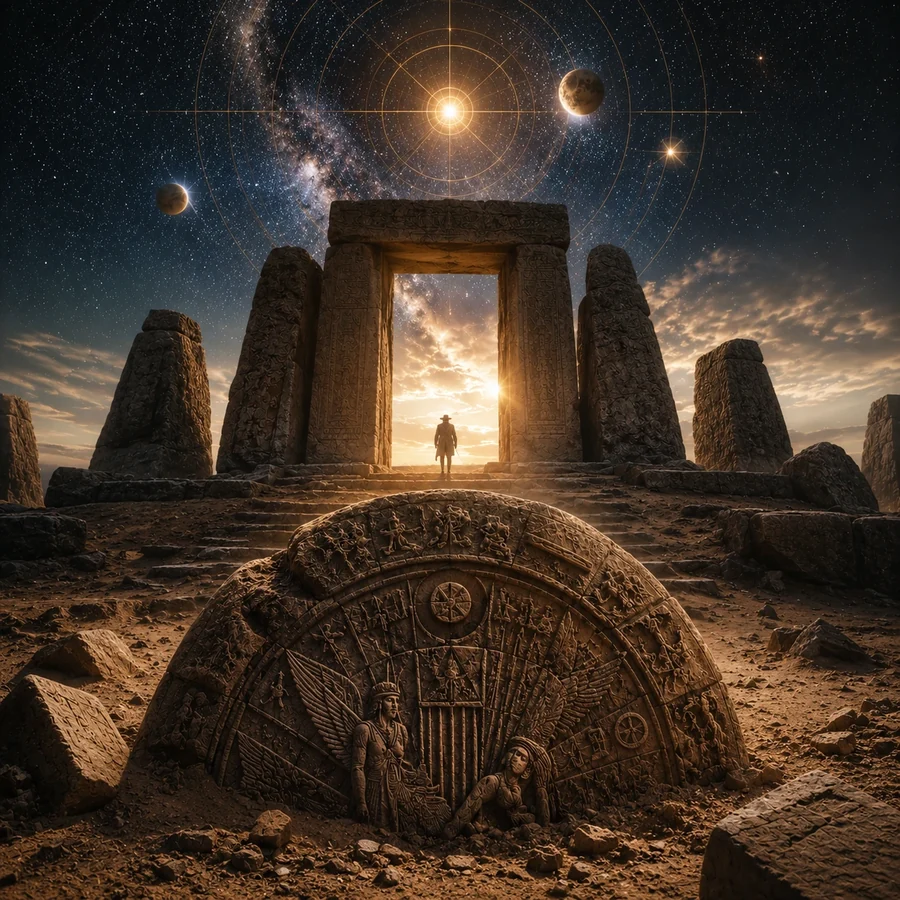An illustrated figure stands before an ancient stone archway at night, with the sun, moon, and planets arranged in an orbital diagram overhead and a carved relief of winged figures in the foreground.